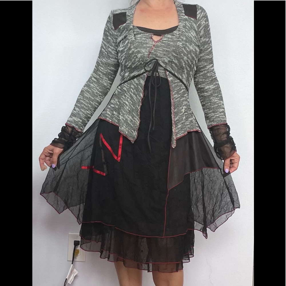Grey, Black, and Red Dress with Lace